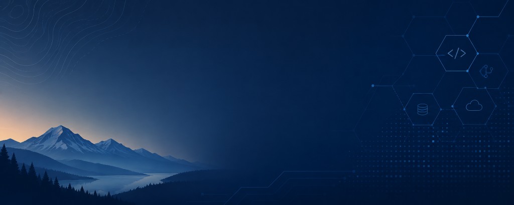Mountain landscape blended with a hexagonal technology network pattern.